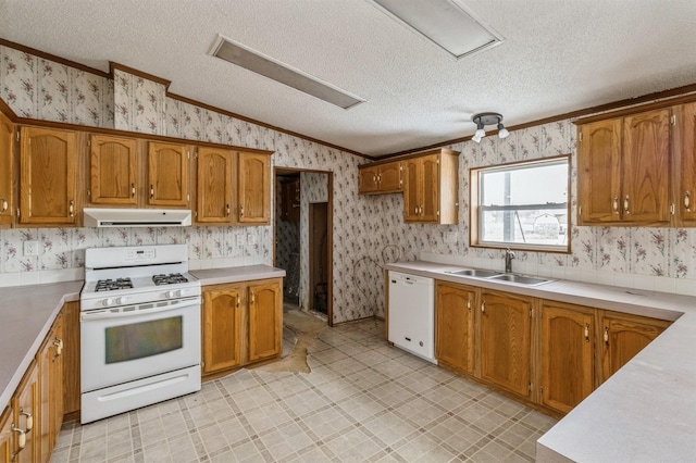 kitchen with white appliances, crown molding, a textured ceiling, and sink