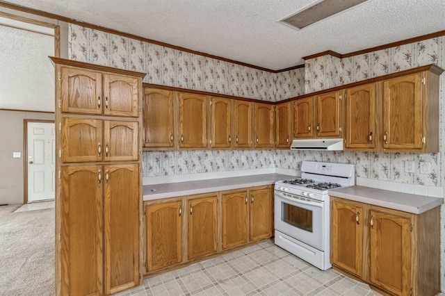 kitchen with a textured ceiling, light colored carpet, white gas range, and crown molding