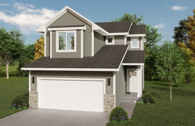 view of front facade featuring roof with shingles, an attached garage, stone siding, driveway, and a front lawn