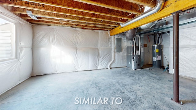 basement with electric panel, heating unit, and water heater