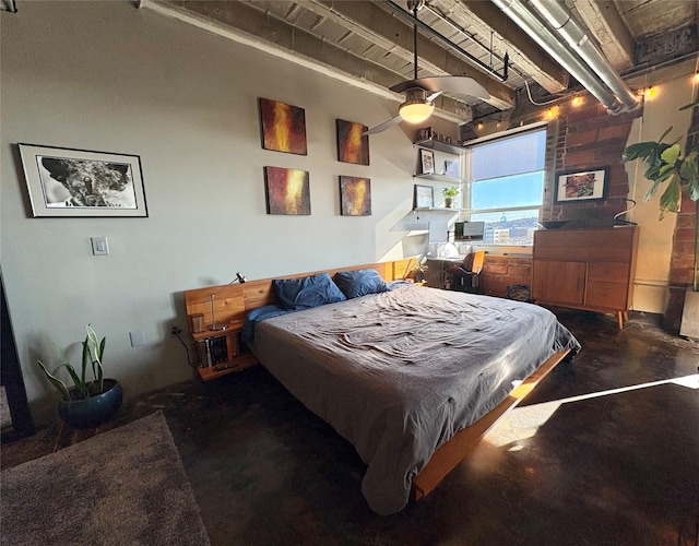 bedroom featuring concrete flooring and ceiling fan