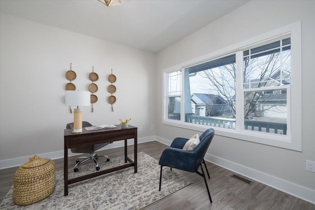 home office with hardwood / wood-style floors