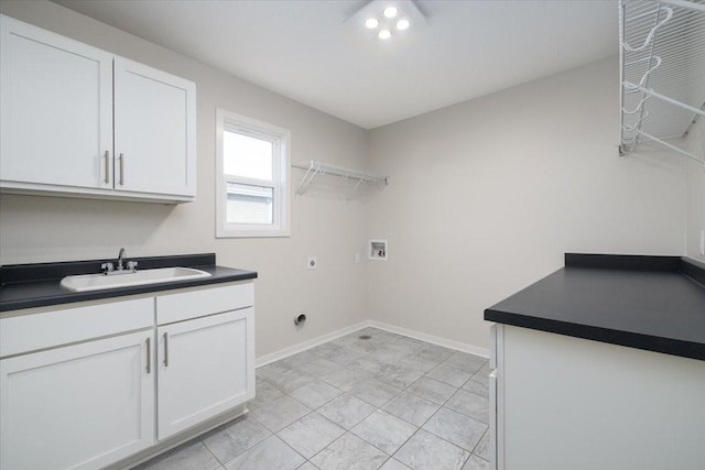 clothes washing area with washer hookup, cabinets, electric dryer hookup, and sink