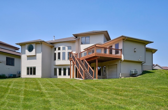 back of house with a yard, stairs, central AC, and a wooden deck