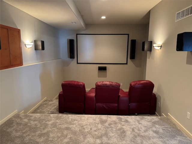 home theater room with recessed lighting, visible vents, light carpet, and baseboards