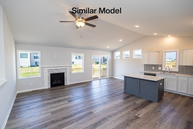 kitchen with tasteful backsplash, a center island, white cabinetry, dark wood-type flooring, and a high end fireplace