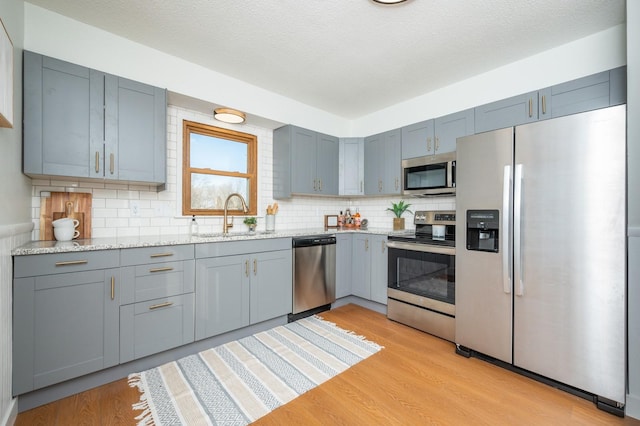 kitchen featuring stainless steel appliances, light hardwood / wood-style floors, tasteful backsplash, and sink