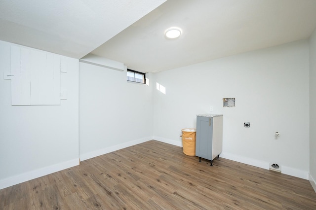 basement with hardwood / wood-style flooring