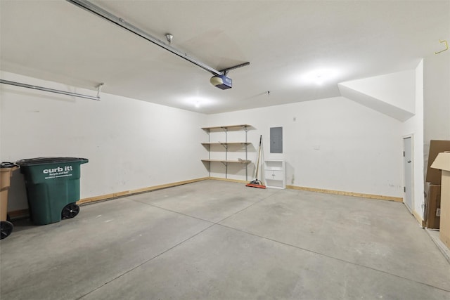 garage with electric panel, baseboards, and a garage door opener