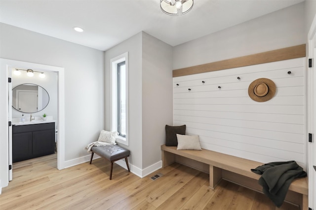 18256 Alderleaf Dr, Clive, IA 50325 - mudroom featuring light wood-type flooring, baseboards, and a sink