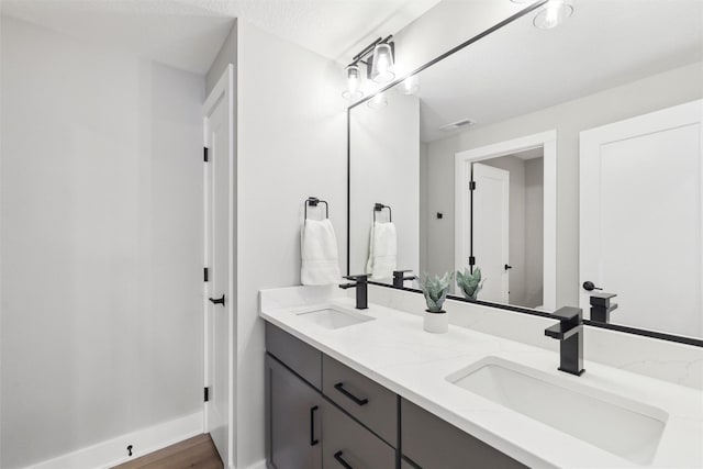 18256 Alderleaf Dr, Clive, IA 50325 - full bathroom with a sink, wood finished floors, double vanity, and visible vents