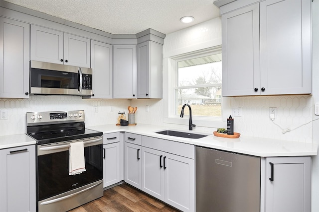 kitchen with a textured ceiling, gray cabinetry, dark hardwood / wood-style flooring, appliances with stainless steel finishes, and sink