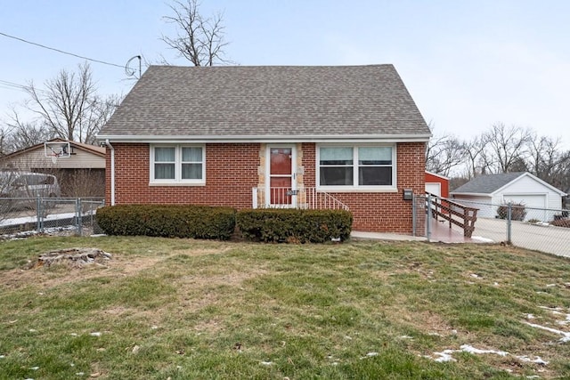 bungalow-style house featuring a front lawn and a garage