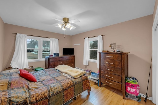 bedroom featuring ceiling fan and light hardwood / wood-style flooring