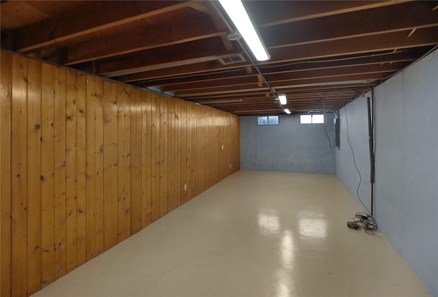 basement featuring wood walls