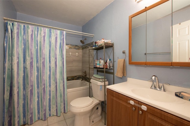 full bathroom featuring shower / bathtub combination with curtain, vanity, tile patterned floors, and toilet