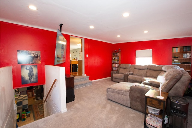 carpeted living room featuring crown molding