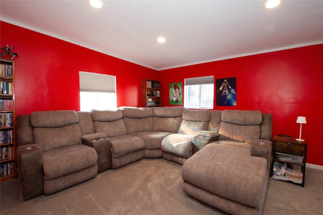 living room featuring crown molding and carpet