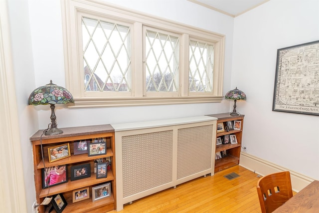 office featuring radiator heating unit and light wood-type flooring