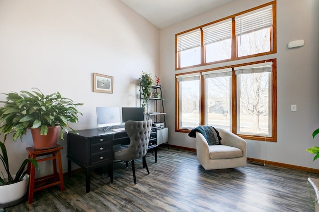 home office featuring a high ceiling and dark hardwood / wood-style floors