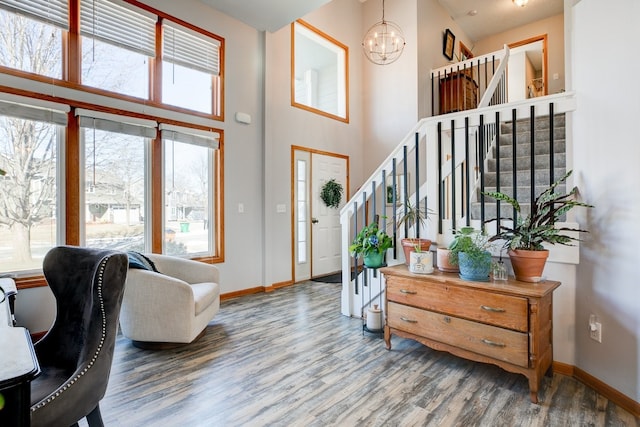 entrance foyer featuring a high ceiling, hardwood / wood-style flooring, and a notable chandelier