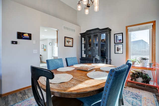 dining space featuring dark hardwood / wood-style flooring and a chandelier