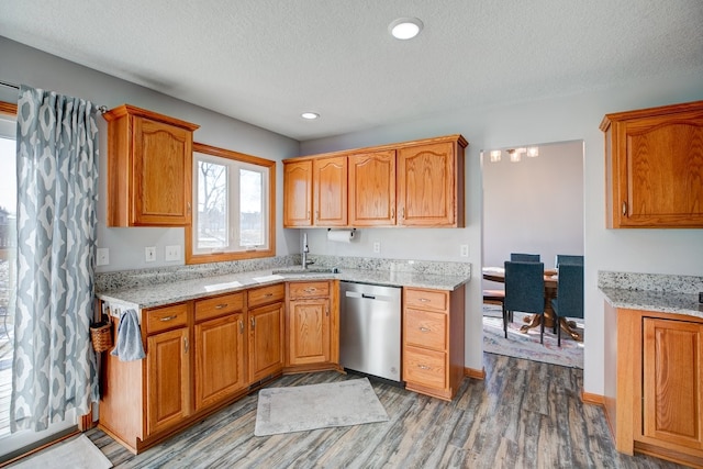 kitchen with sink, dark hardwood / wood-style flooring, dishwasher, and light stone counters