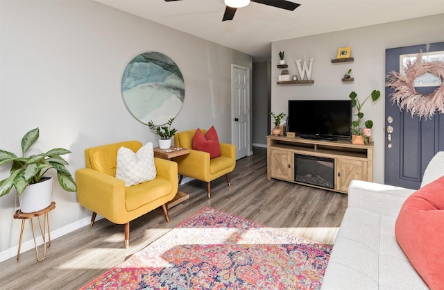 living room with ceiling fan and hardwood / wood-style floors