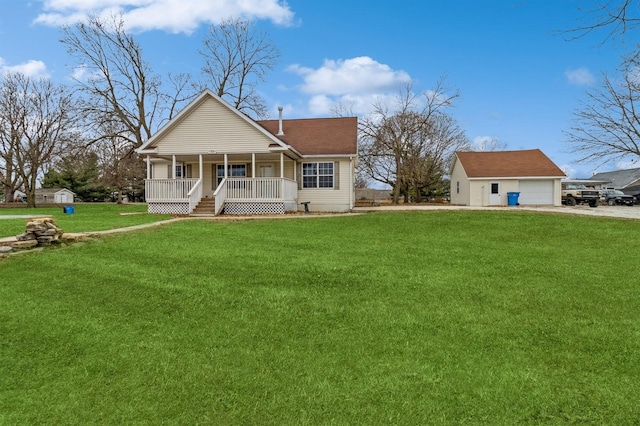 view of front facade featuring a garage, covered porch, an outdoor structure, and a front lawn