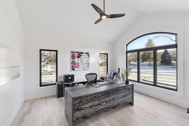 office space with lofted ceiling, ceiling fan, and light hardwood / wood-style floors