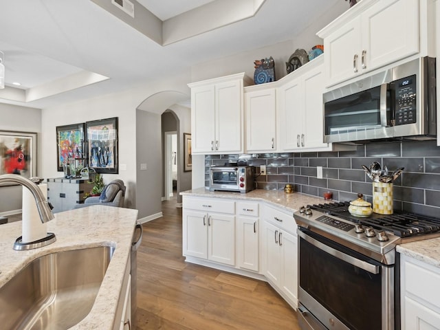 kitchen featuring a raised ceiling, appliances with stainless steel finishes, light stone countertops, white cabinets, and sink