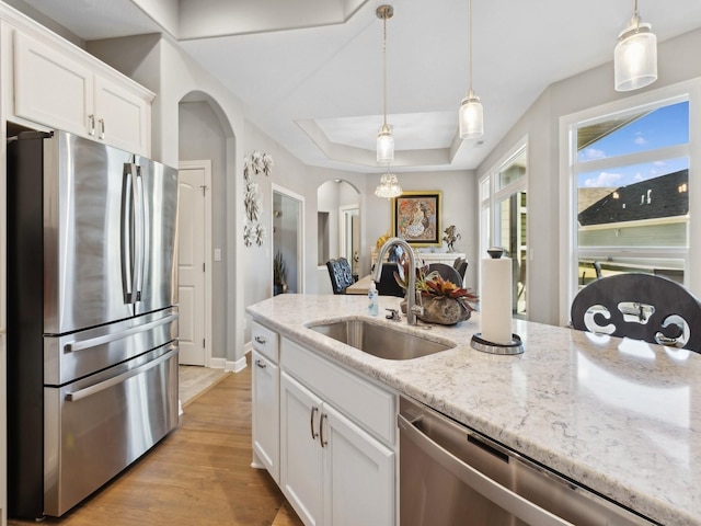 kitchen featuring decorative light fixtures, a tray ceiling, white cabinetry, appliances with stainless steel finishes, and sink