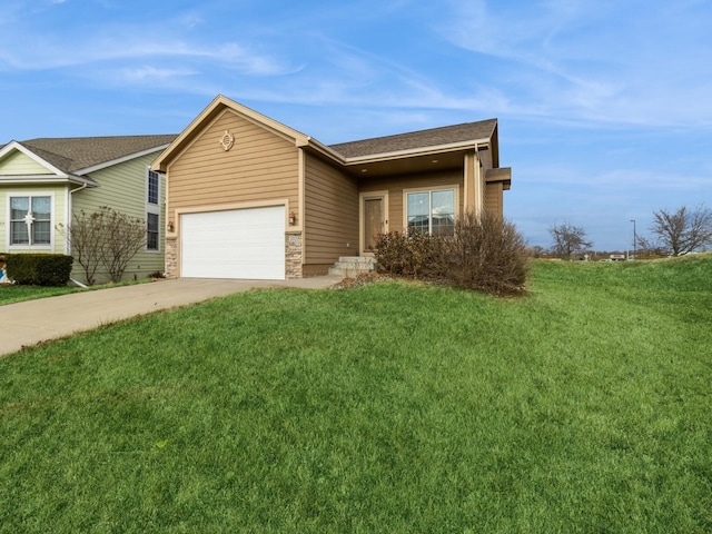 ranch-style house with a front yard and a garage