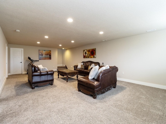 carpeted living room with a textured ceiling