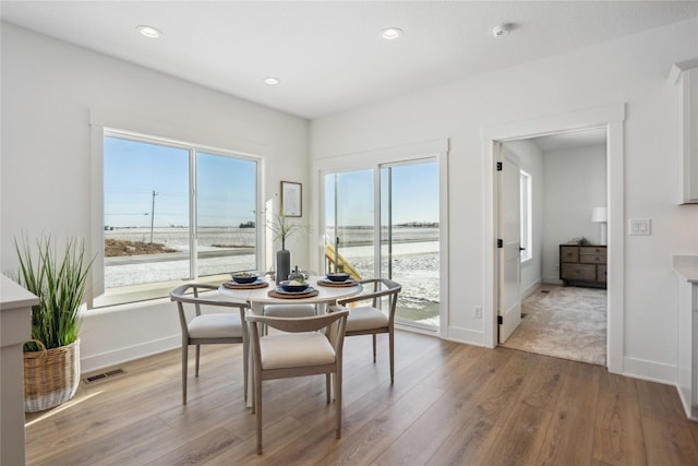 dining space featuring light hardwood / wood-style floors and a water view