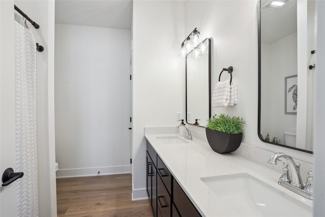 bathroom featuring toilet, wood-type flooring, and vanity