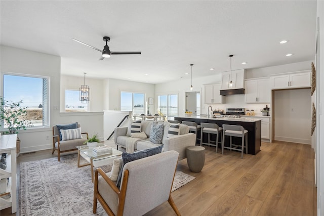 living room with ceiling fan, light hardwood / wood-style floors, and sink