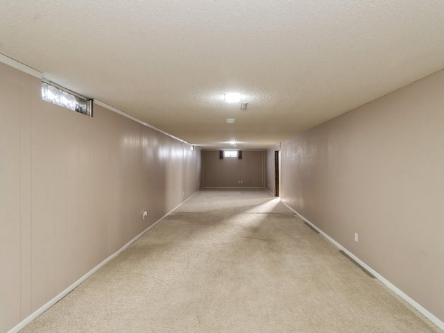 basement with a textured ceiling and light colored carpet