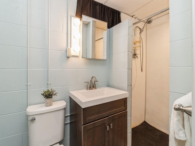 bathroom featuring a shower, vanity, and toilet