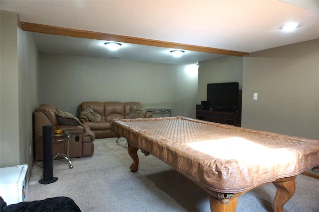 game room featuring carpet floors, beam ceiling, and pool table