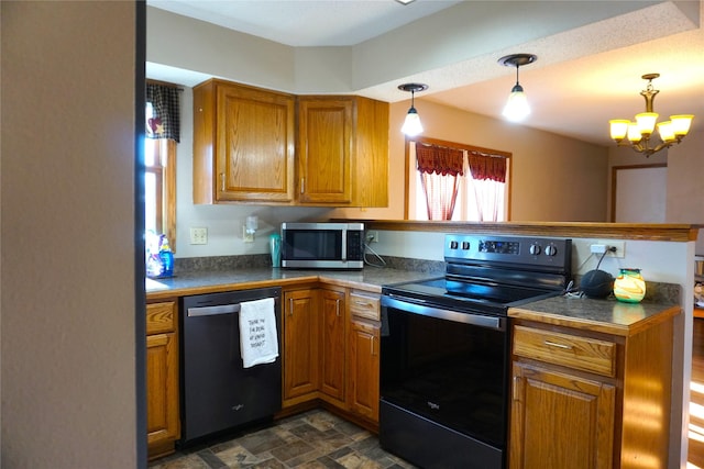 kitchen with decorative light fixtures, black dishwasher, an inviting chandelier, electric stove, and kitchen peninsula