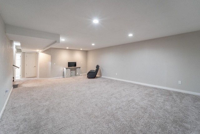 basement with light colored carpet