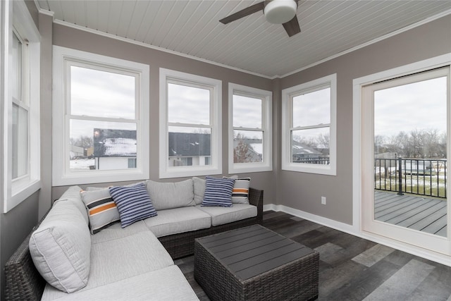 sunroom featuring ceiling fan and wooden ceiling