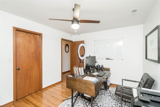 office with ceiling fan and light wood-type flooring