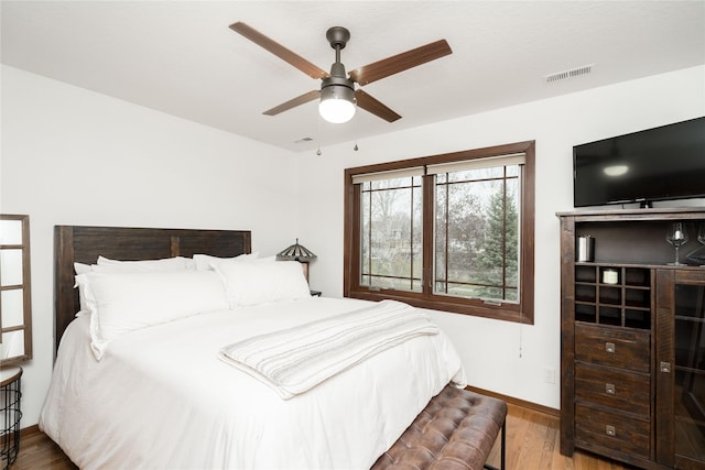 bedroom with ceiling fan and wood-type flooring