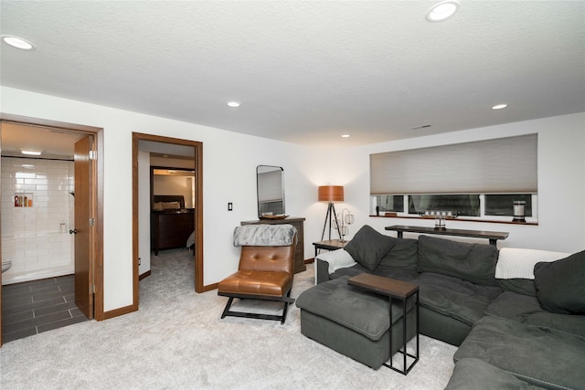 carpeted living room with a textured ceiling