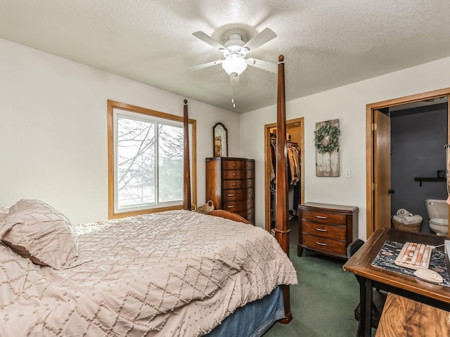 carpeted bedroom featuring ceiling fan, a walk in closet, a closet, and a textured ceiling