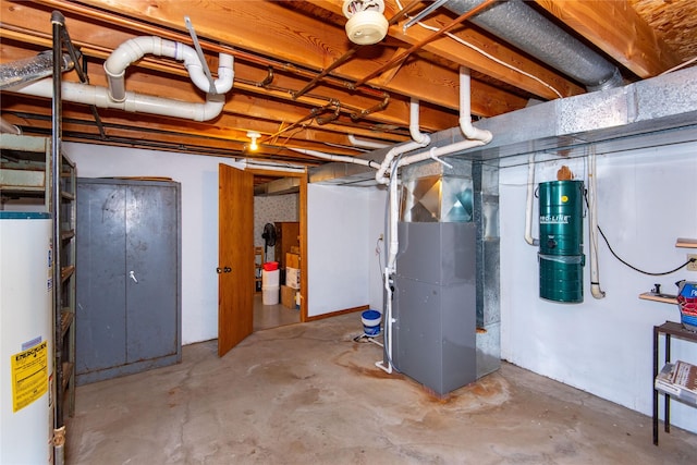 basement with heating unit and gas water heater