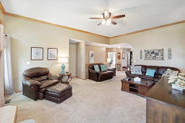 living room with light carpet, ceiling fan, and ornamental molding