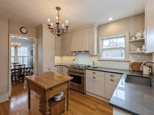 kitchen with sink, white cabinetry, custom exhaust hood, and high end range